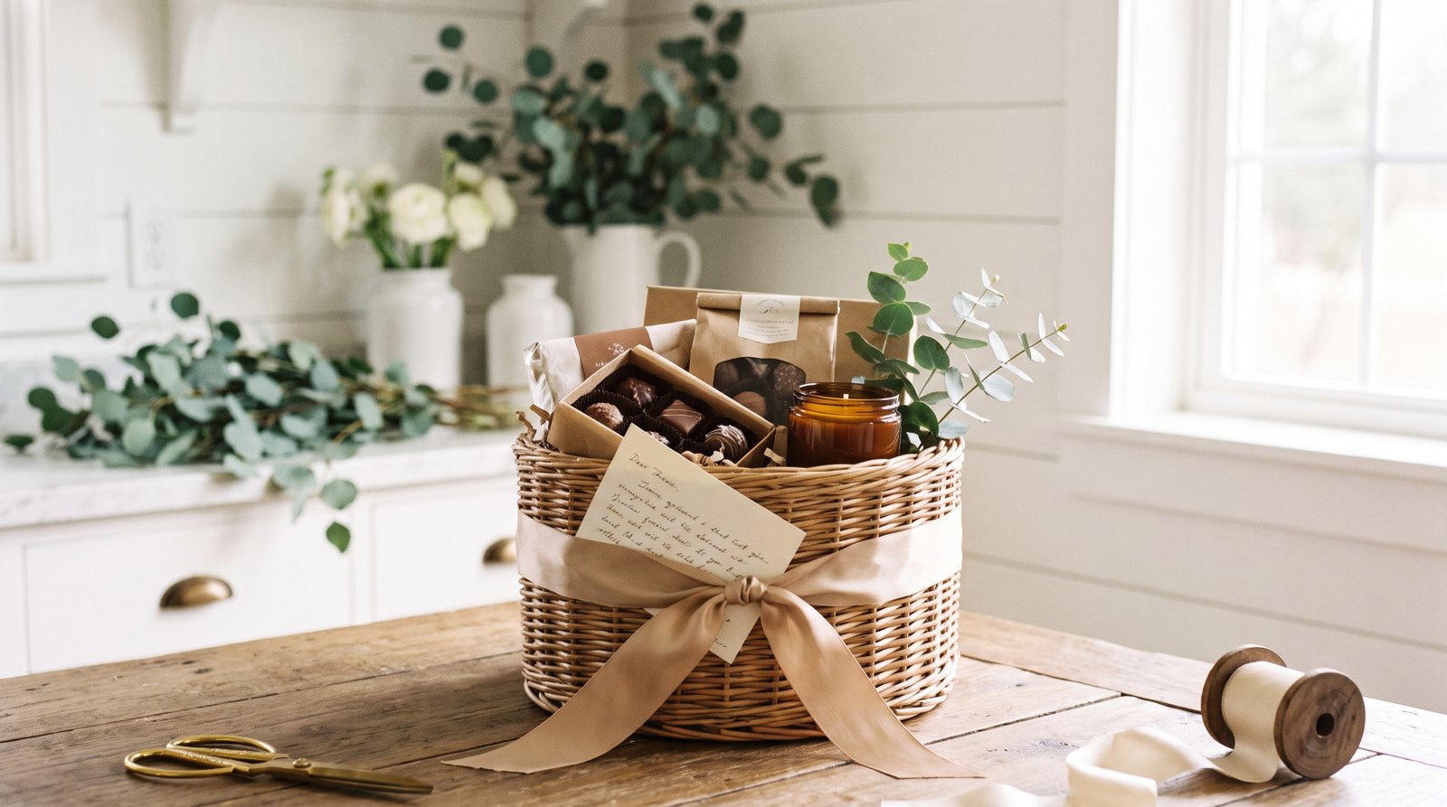 A gift basket with a hand-written note, wrapped and ready to give